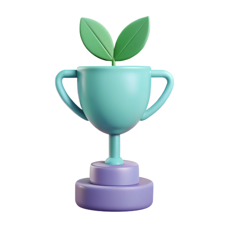 Ein 3D-Cartoon-Pokal mit einer kleinen Pflanze, die daraus wächst.